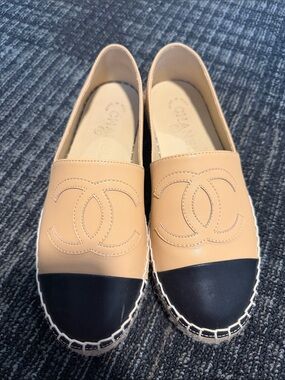 CHANEL Beige and Black Two-Tone Leather Espadrilles